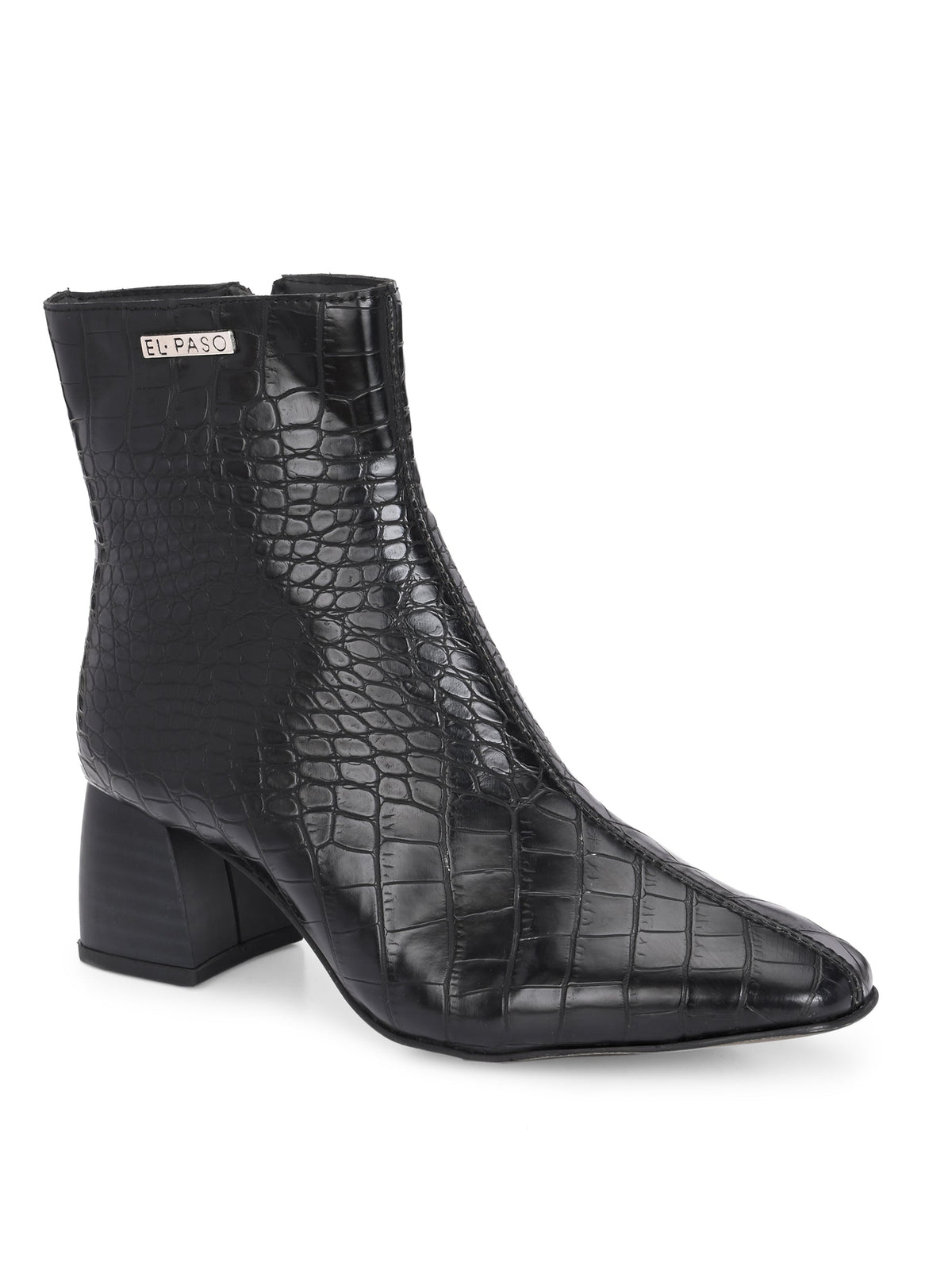 Black croc-embossed ankle boot with block heel and El Paso branding
