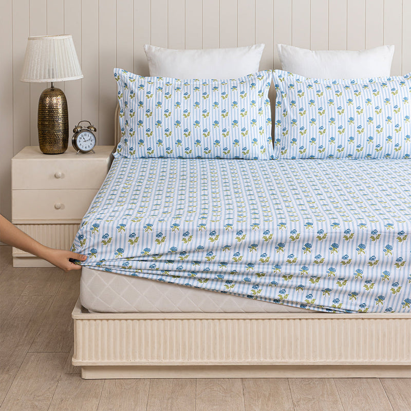 Soft Serenade - Floral Fitted Sheet (Blue)-1