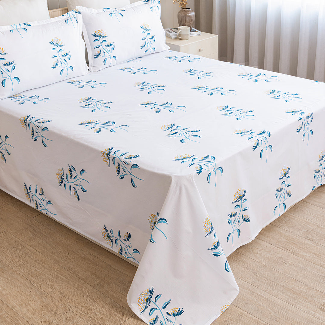 Wild Grace Flower - Floral Bedsheet (Turquoise & Blue)-1