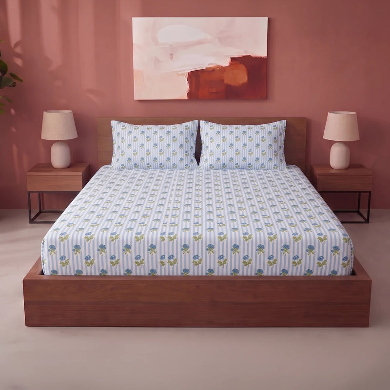 Soft Serenade - Floral Fitted Sheet (Blue)-1