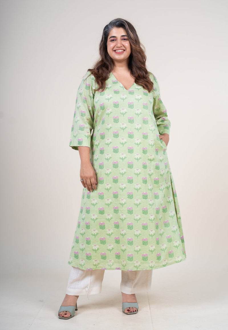 Reva Mint Green Printed Mul A Line Kurta with Hand Embroidery