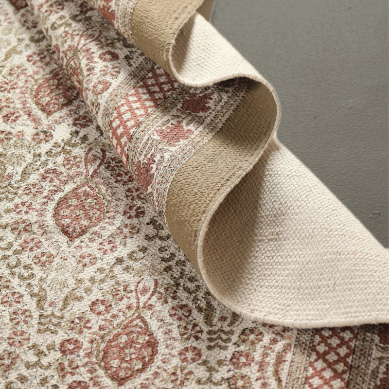 Cotton Floor Rug for Living Room and Bedroom hand block printed in Ivory and Rust Colour | Soft Washable Area Rug