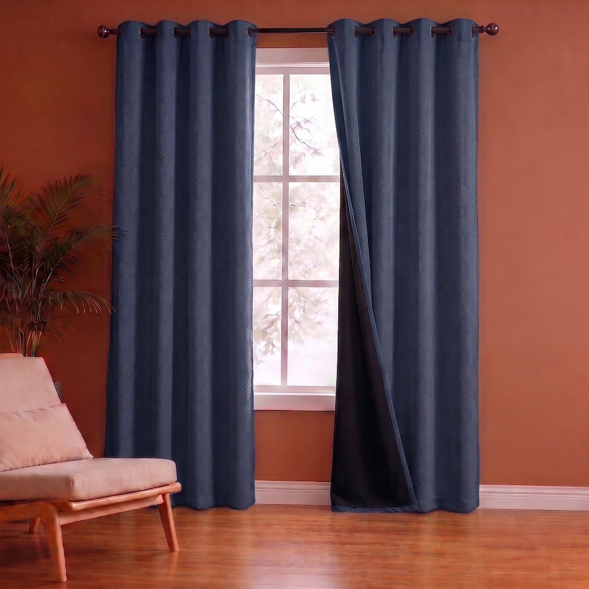 Fort Essential Embossed - Eyelet Black Backing Blackout Curtain (Navy Blue)-2