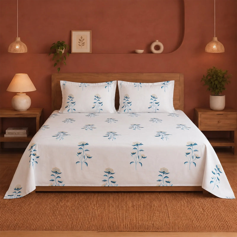 Wild Grace Flower - Floral Bedsheet (Turquoise & Blue)-1
