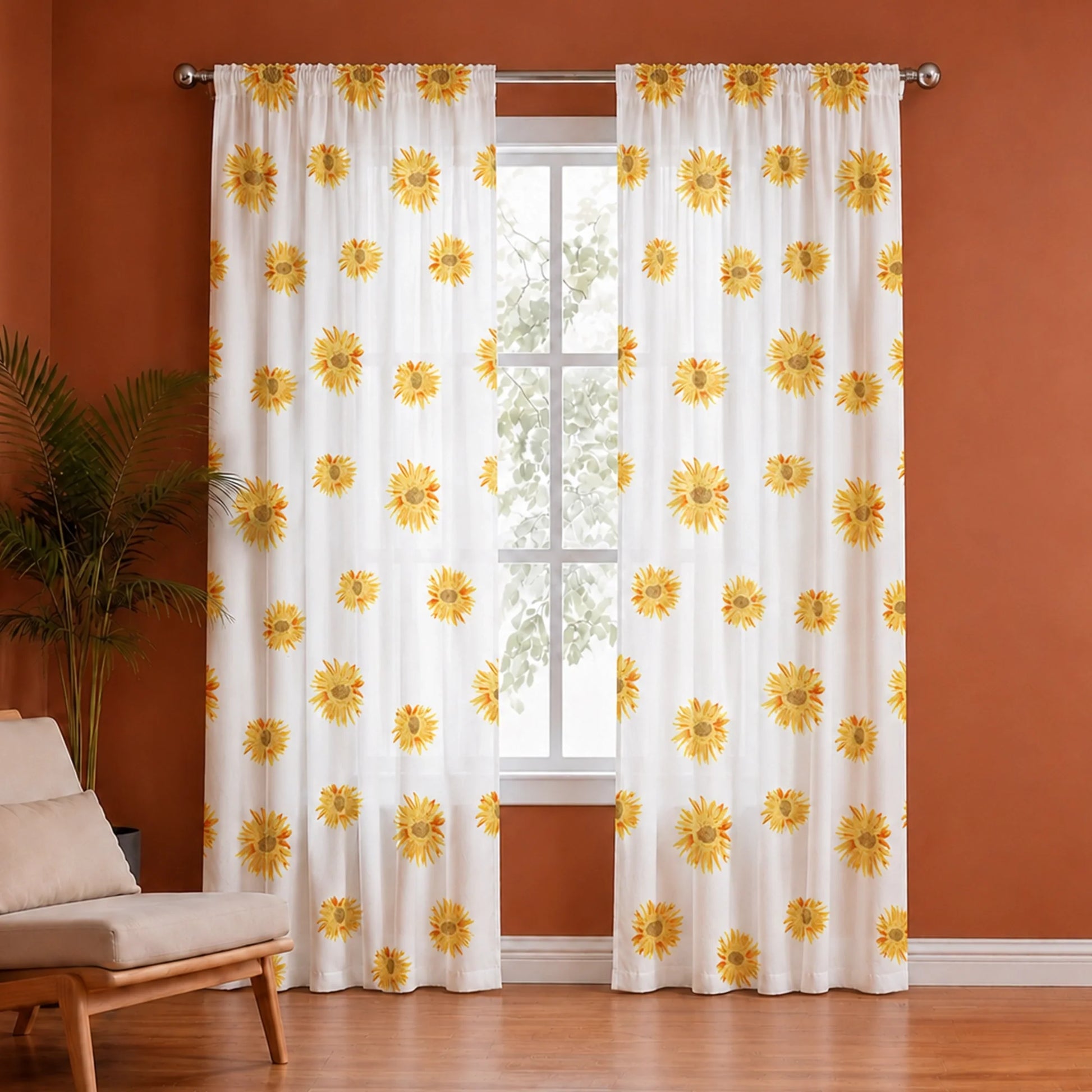 Yellow Sunflower Printed Rod Pocket Duck Curtain-1