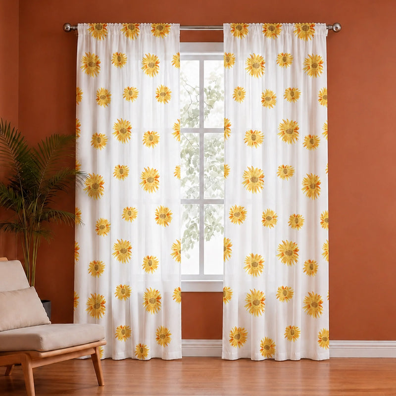 Yellow Sunflower Printed Rod Pocket Duck Curtain-1