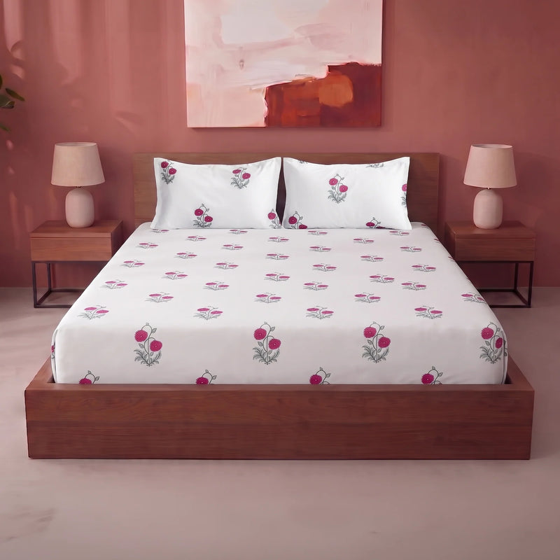 Imprimer Vignette - Floral Printed Fitted Bedsheet (Red)-1