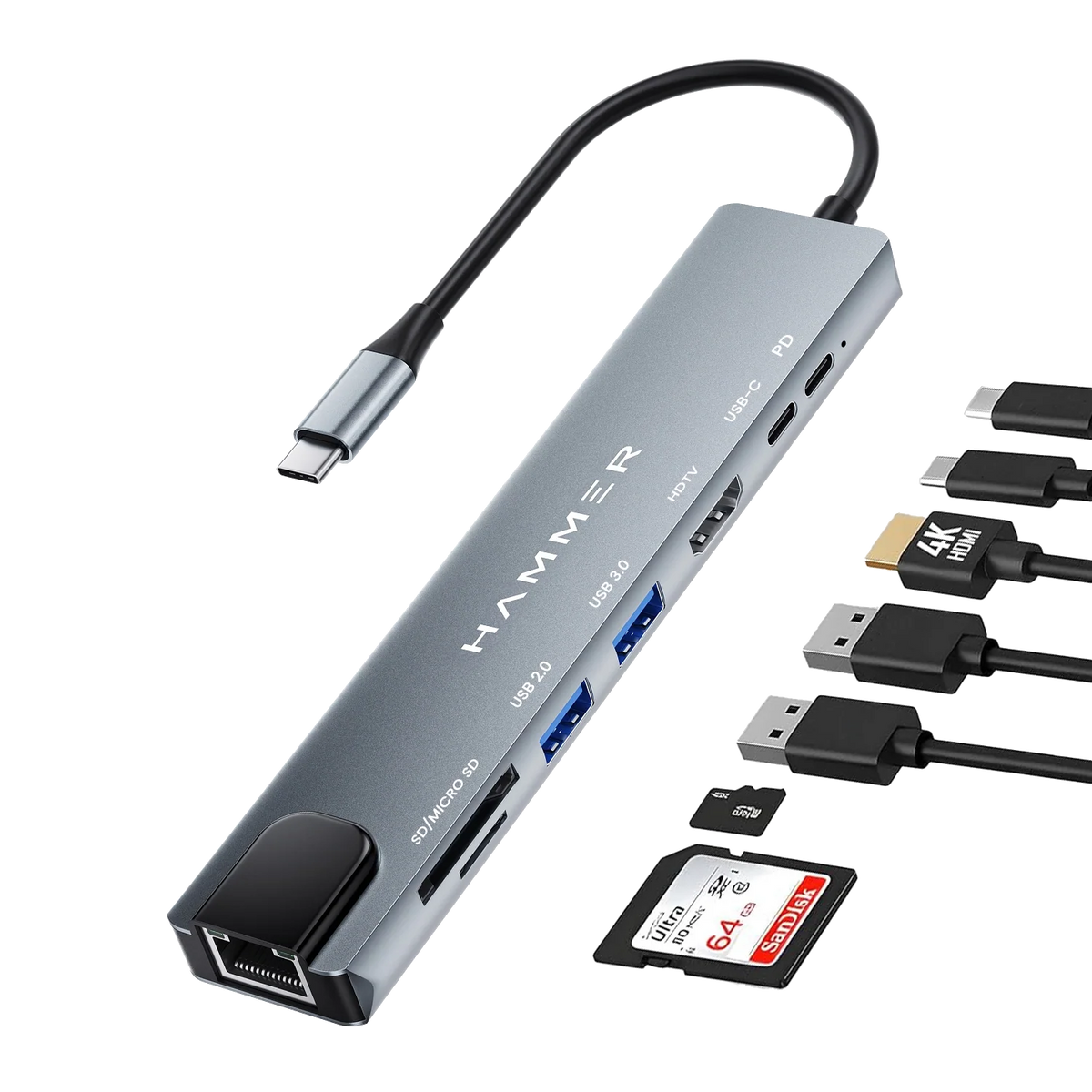 HAMMER 8-in-1 USB-C Hub | 100W PD Charging, 5Gbps Data Transfer, HDMI 4K, Ethernet Port, SD/TF Multiport Adapter (Grey)-2