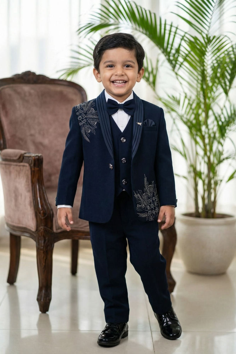 Navy Blue Embroidered 5-Piece Suit Set For Boys