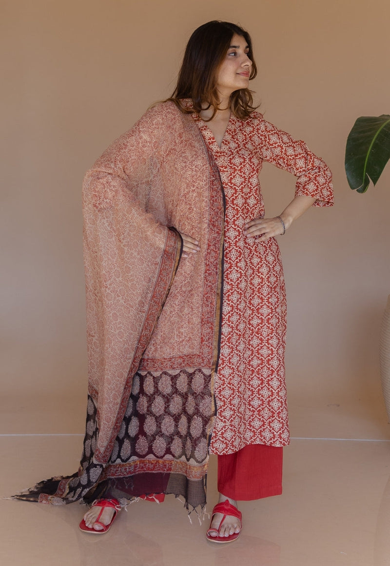 Avika Red Bagru Cotton Straight Kurta