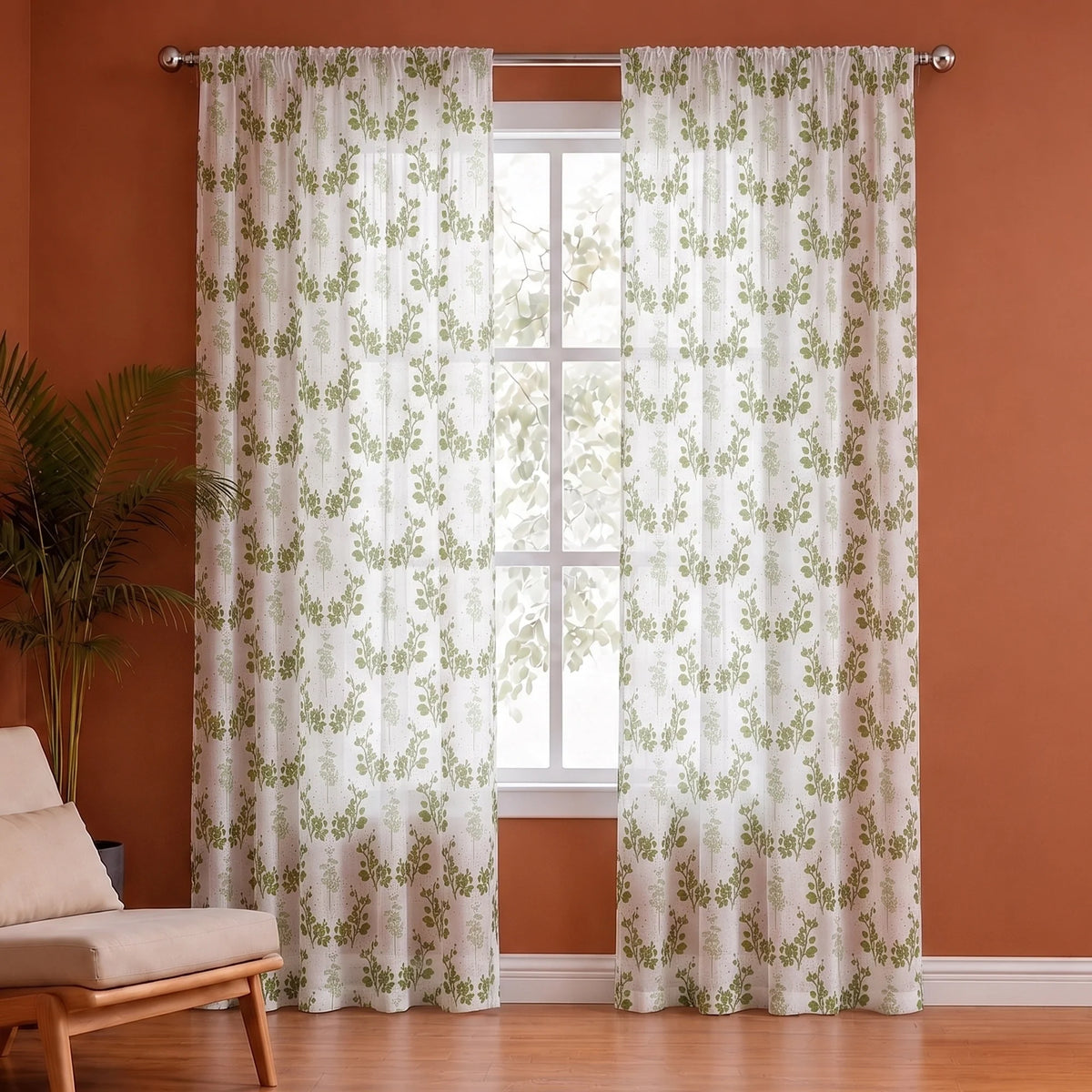 White Floral Botanic Hush Rod Pocket Printed duck Curtain-1