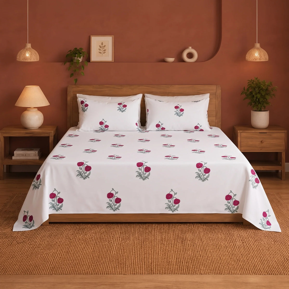 Imprimer Vignette - Floral Printed Bedsheet (Red)