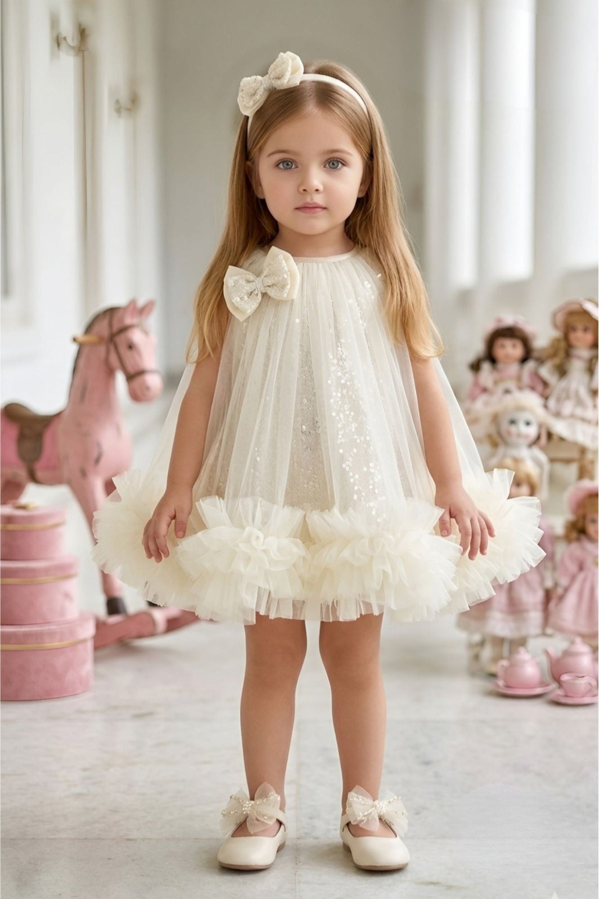 Girls Cream Net Party Dress with Ruffle Hem and Bow Detail