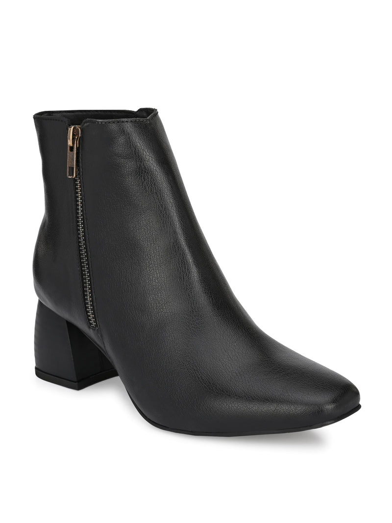 Black Zip-Closure Block Heel Boots