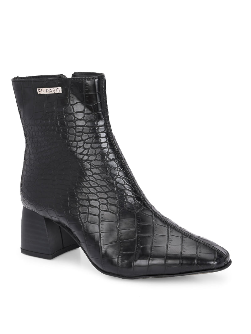 Black croc-embossed ankle boot with block heel and El Paso branding