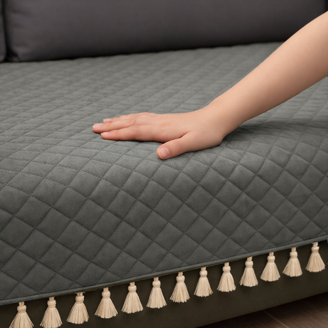 Quilted Velvet Sofa Cover with Tassels (Grey)-5