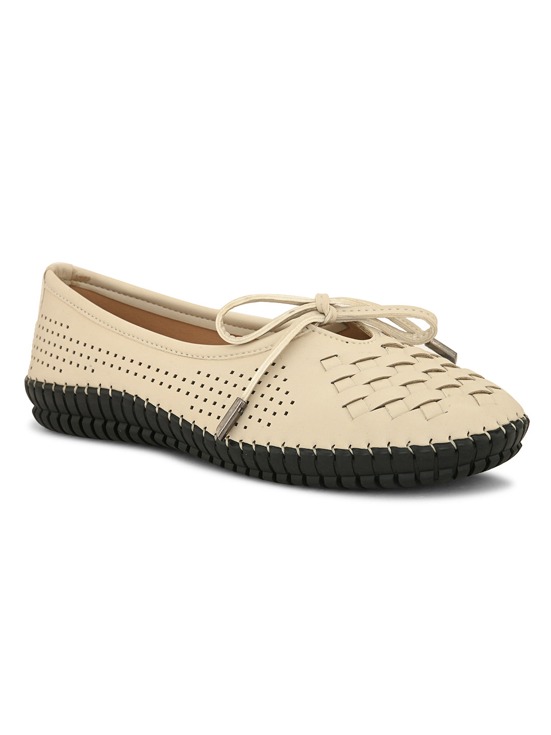 A beige women's flat with a perforated woven upper, round toe, metallic-tipped bow, and flexible black rubber outsole for comfort and casual wear.