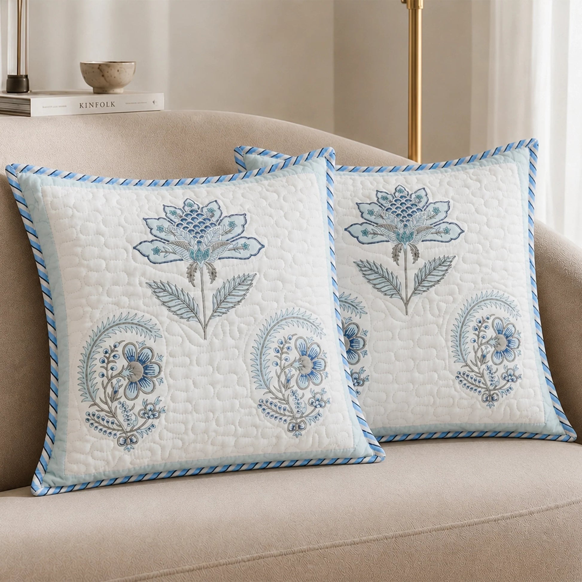 Ombre Tranquil - Hand Block Printed Quilted Cushion Cover (Baby Blue)-1