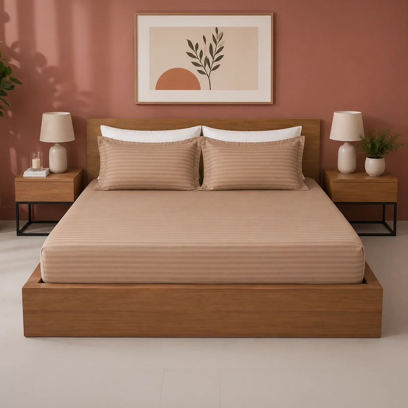 Breton Drift - Satin Stripe Fitted Bedsheet with Pillow Covers (Taupe)-1