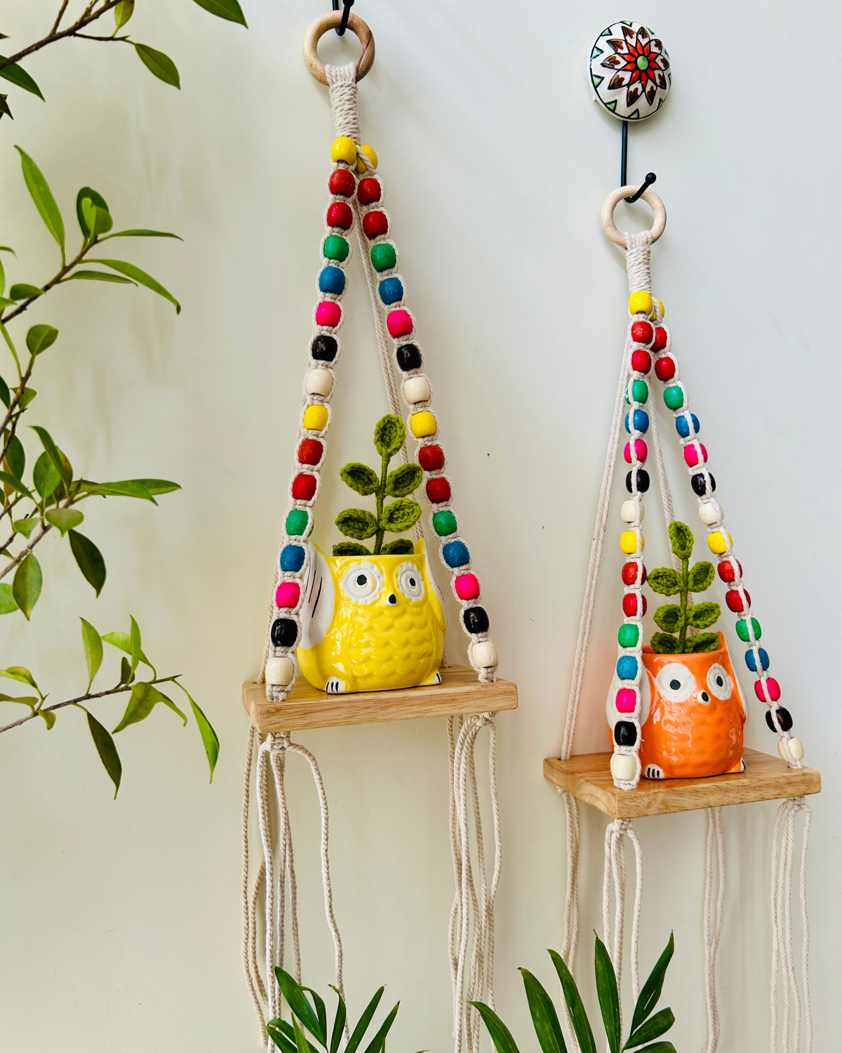 Colorful Macrame Beaded’ Mini Wall Shelves with ceramic hooks and ceramic owl planters
