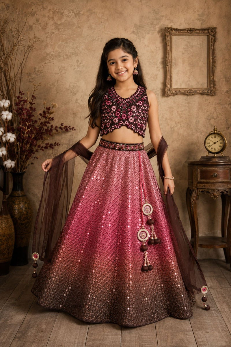 Pink and Brown Ombre Sequin Lehenga Choli Set with Dupatta