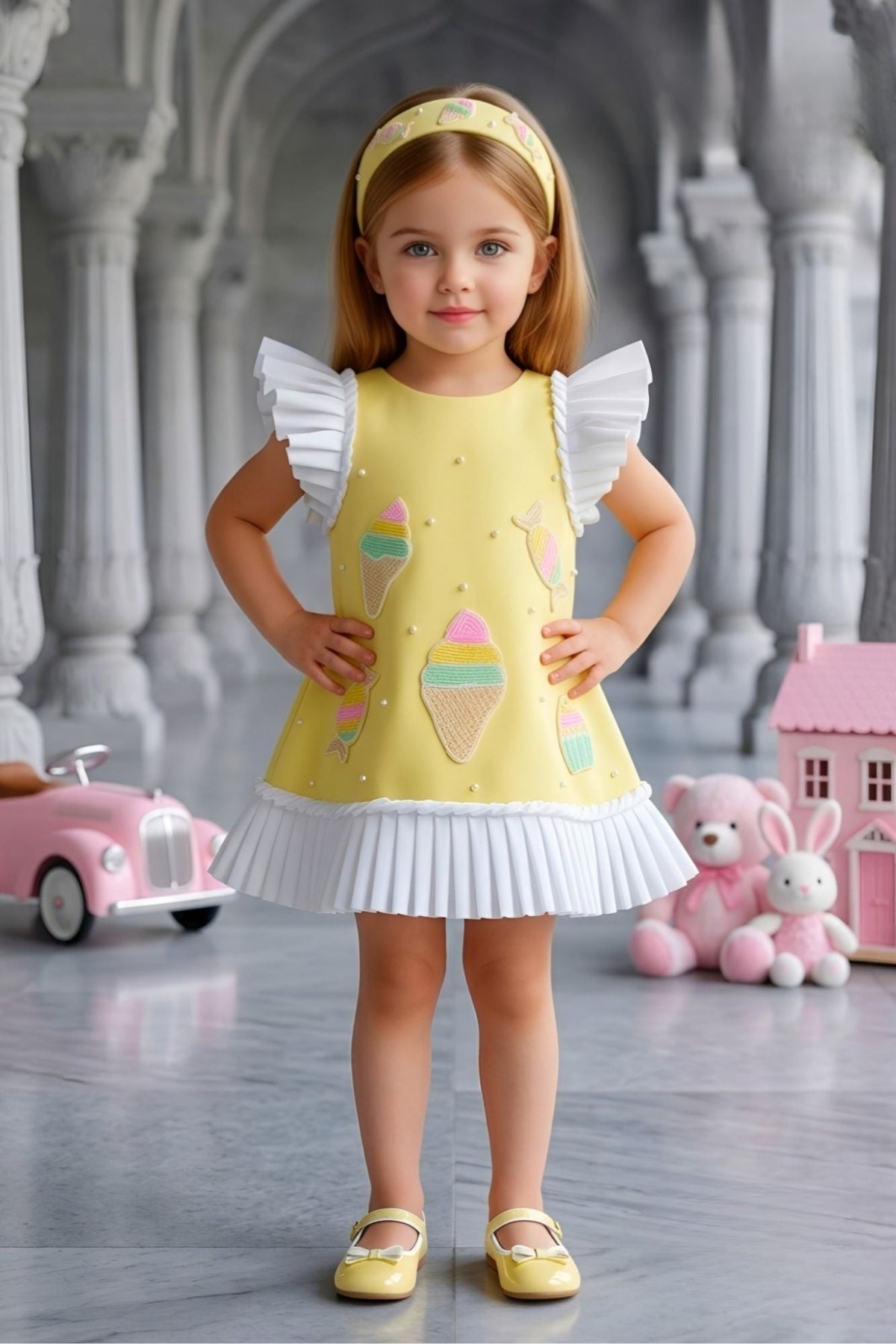 Lemon Yellow Ice Cream Appliqué Party Wear Frock with Pleated Ruffle Sleeves For Girls