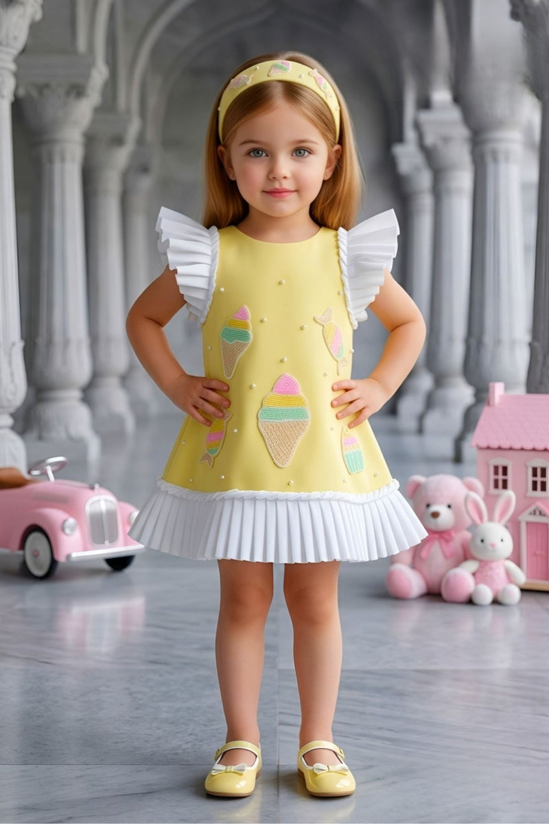 Lemon Yellow Ice Cream Appliqué Party Wear Frock with Pleated Ruffle Sleeves For Girls