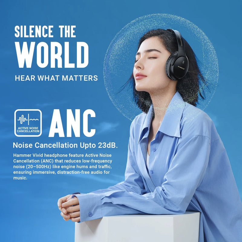 Hammer Bash Vivid ANC Wireless Bluetooth Over-Ear Headphones with 23 dB 70h Playtime, Type-C Fast Charging, Foldable Black-5