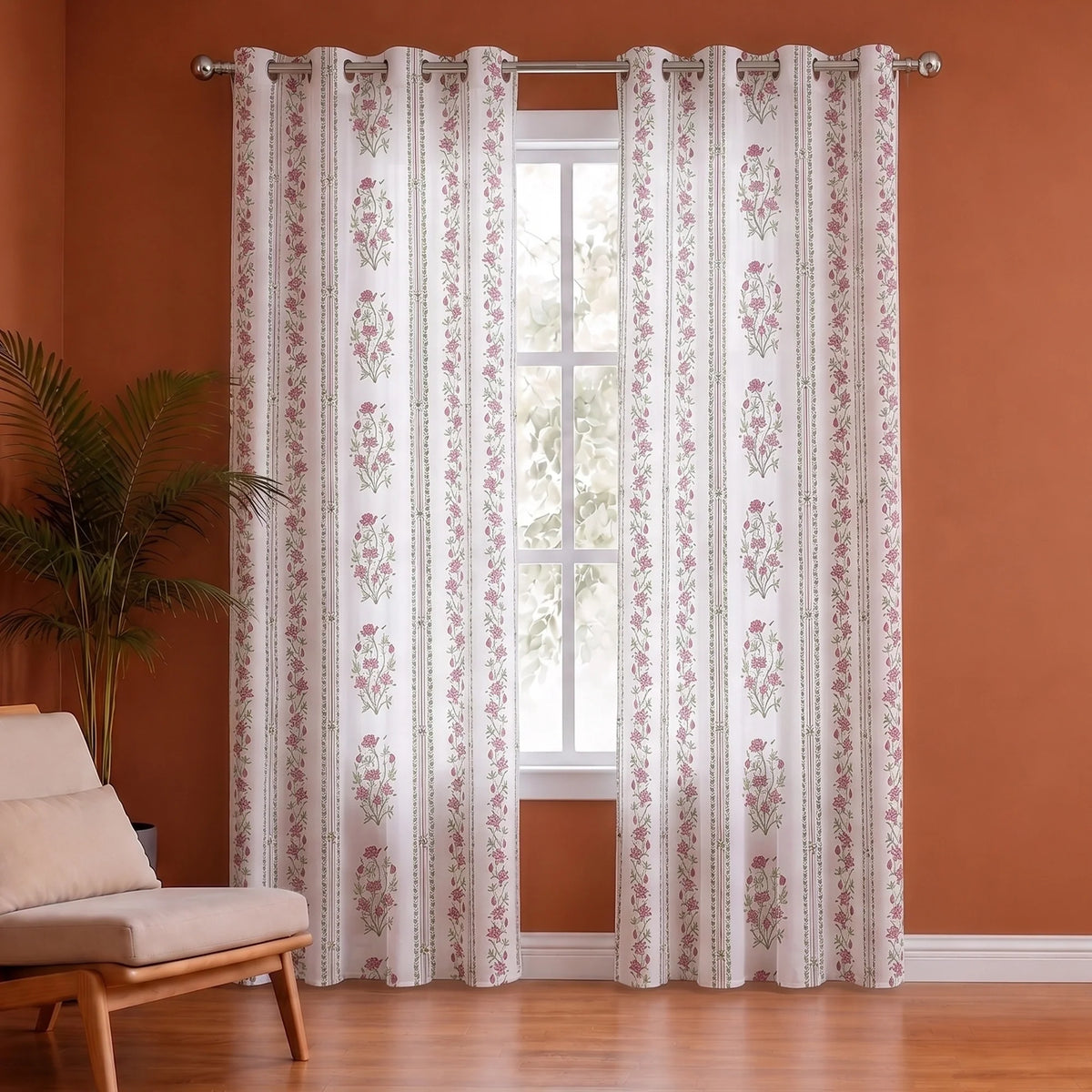 Pink Floral Petal Stripe Eyelet Printed duck Curtain-1