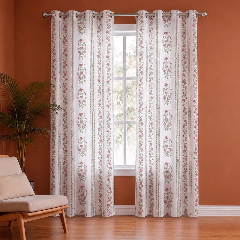 Pink Floral Petal Stripe Eyelet Printed duck Curtain-1
