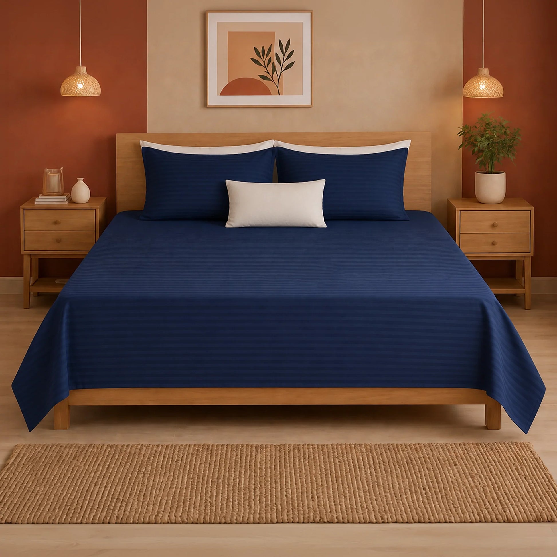 Breton Nap - Satin Stripes Bedsheet (Dark Blue)-1