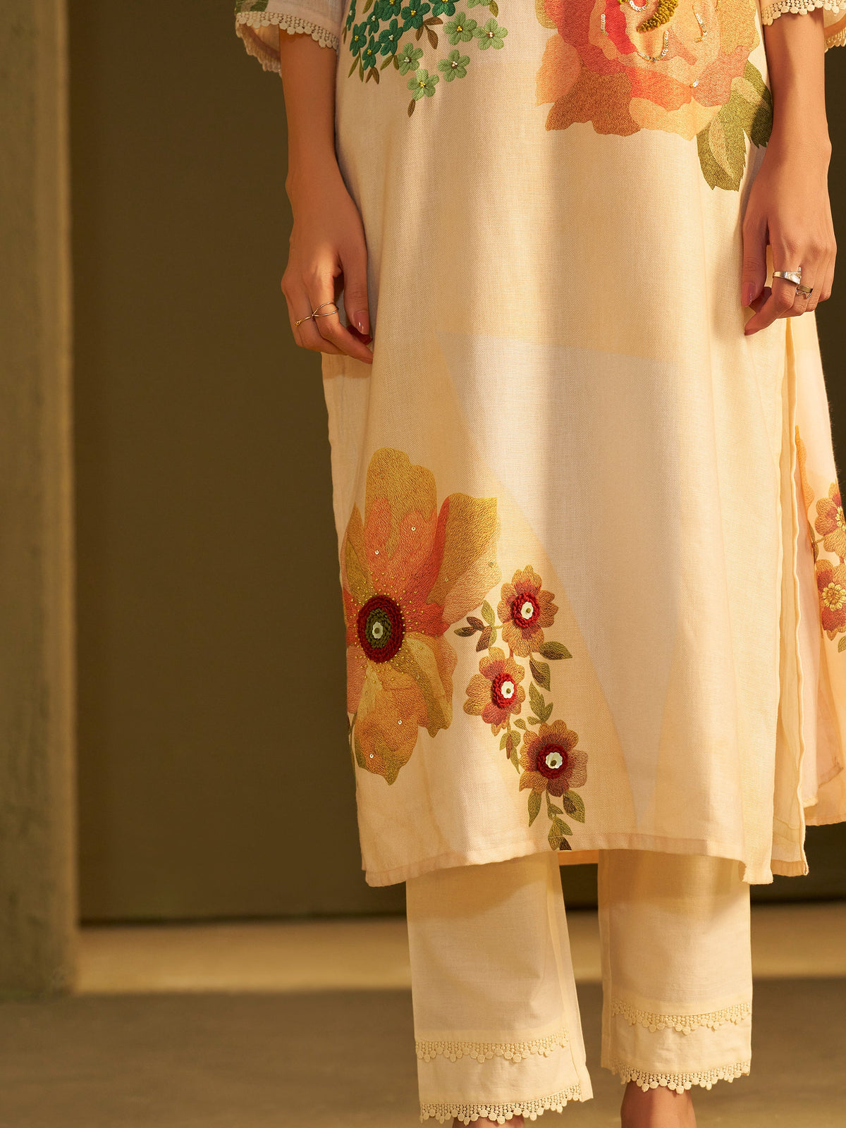 Ananya Beige Linen Printed Set