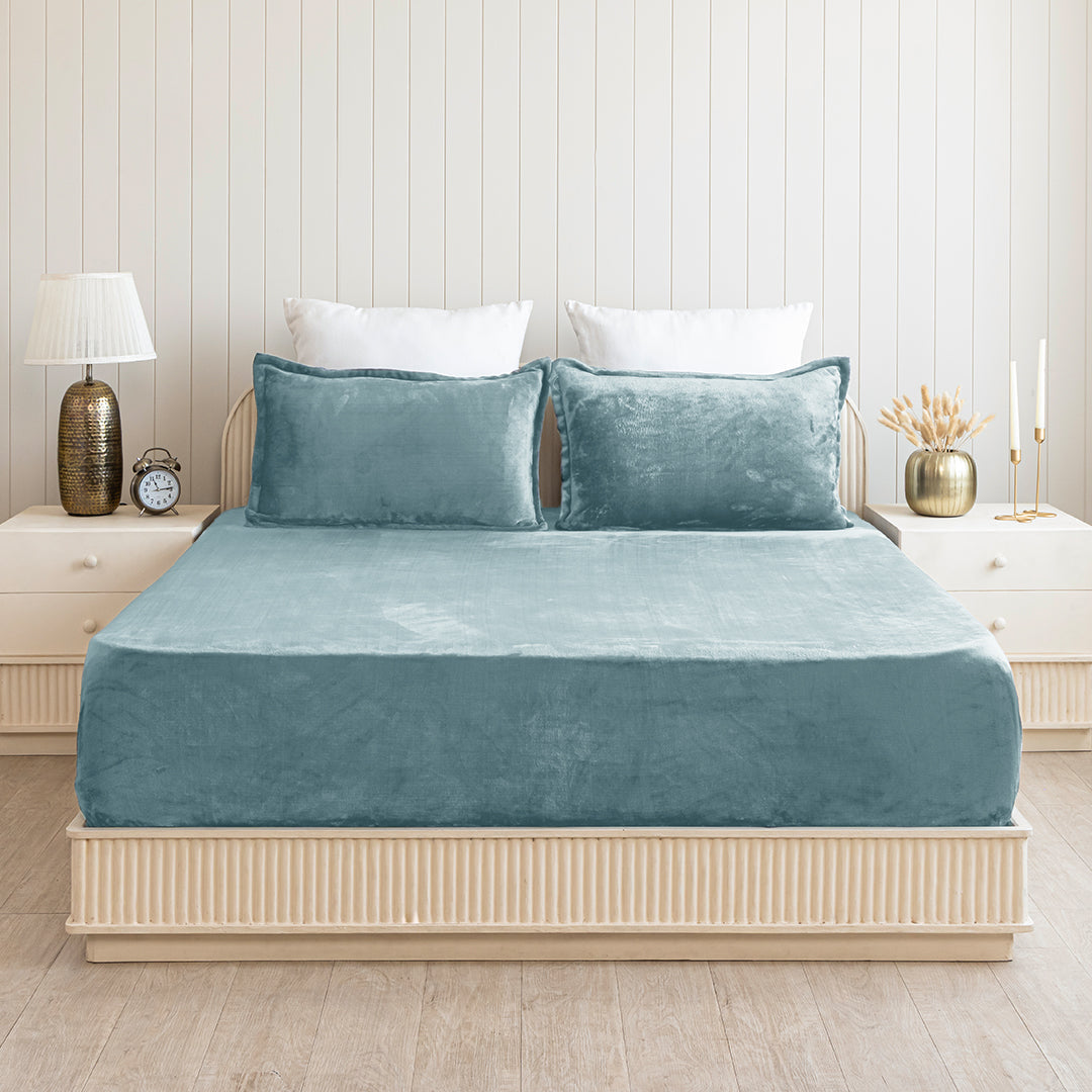 Homemonde Lightweight - Fleece Fitted Bedsheet (Frost Blue)-1