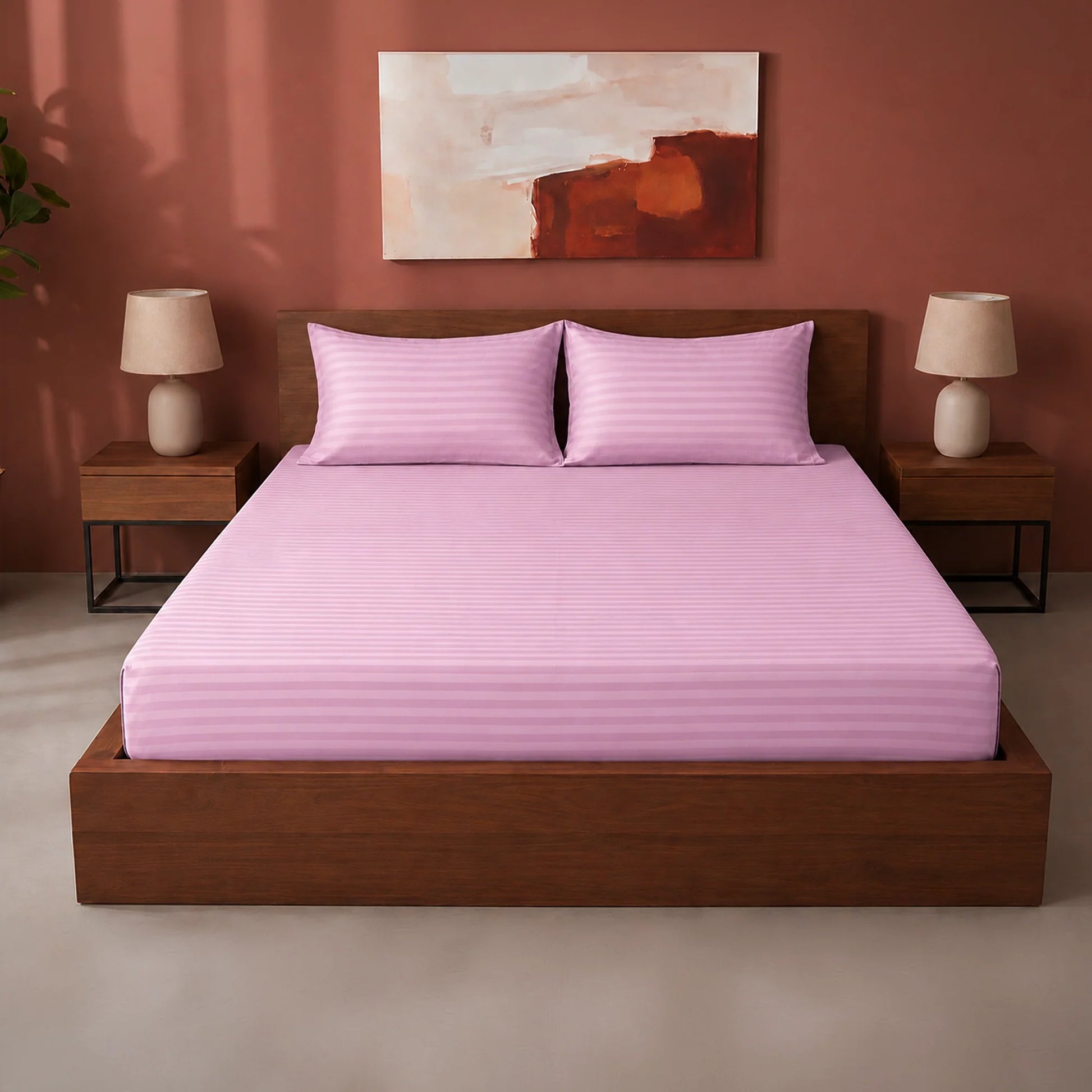 Breton Drift - Satin Stripes Fitted Bedsheet (Baby Pink)-1