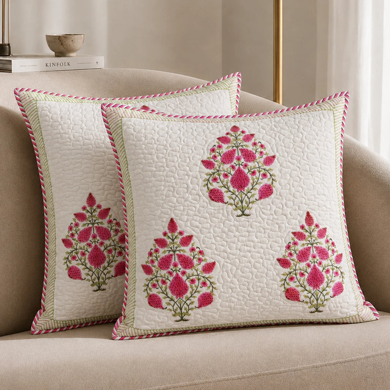 Ombre Berry - Hand Block Print Quilted Cushion Cover (Pink)-5