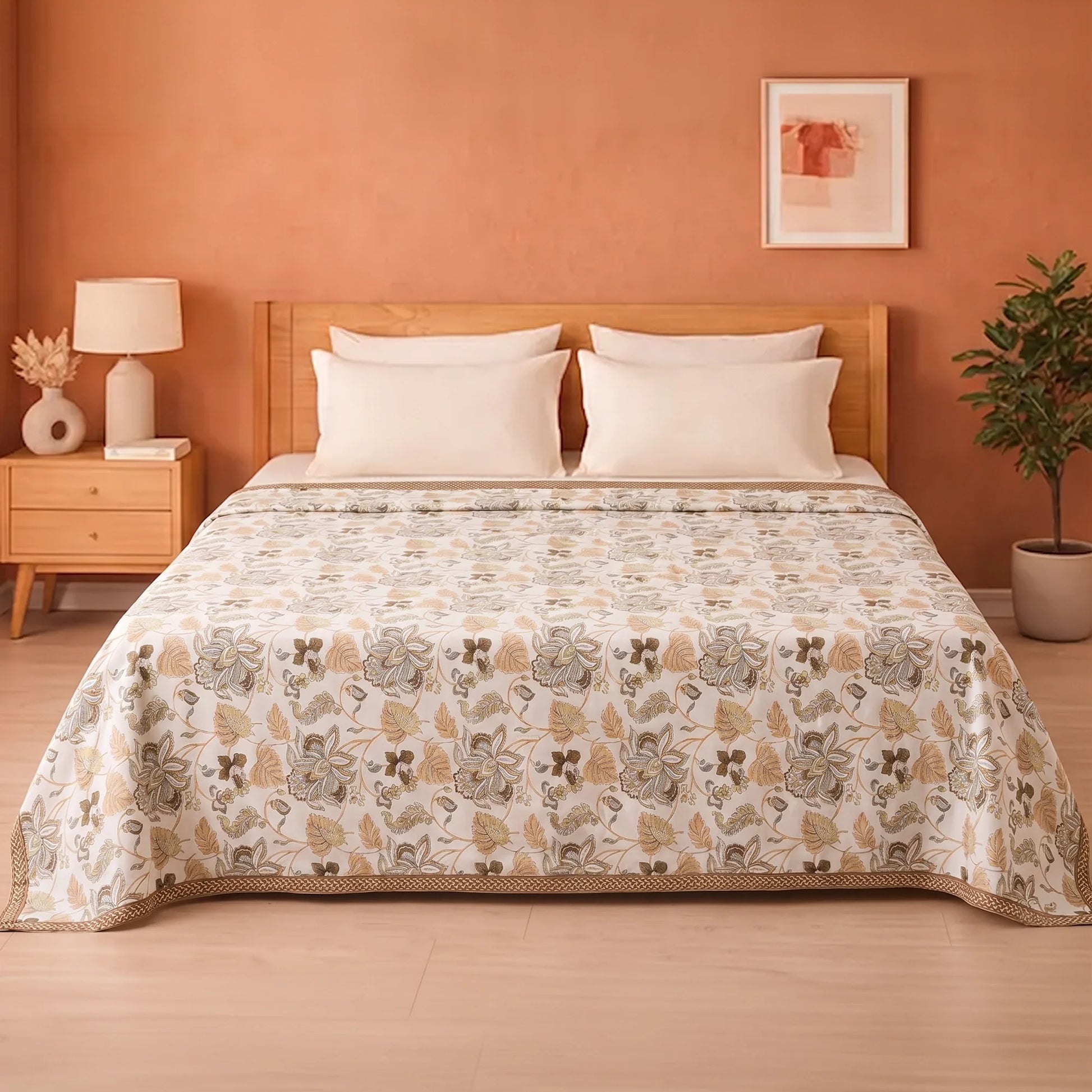 Imprimer Symphony - Floral Printed Dohar (White & Dark Camel)-1