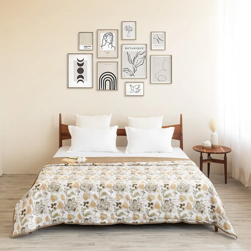 Imprimer Symphony - Floral Printed Dohar (White & Dark Camel)-1