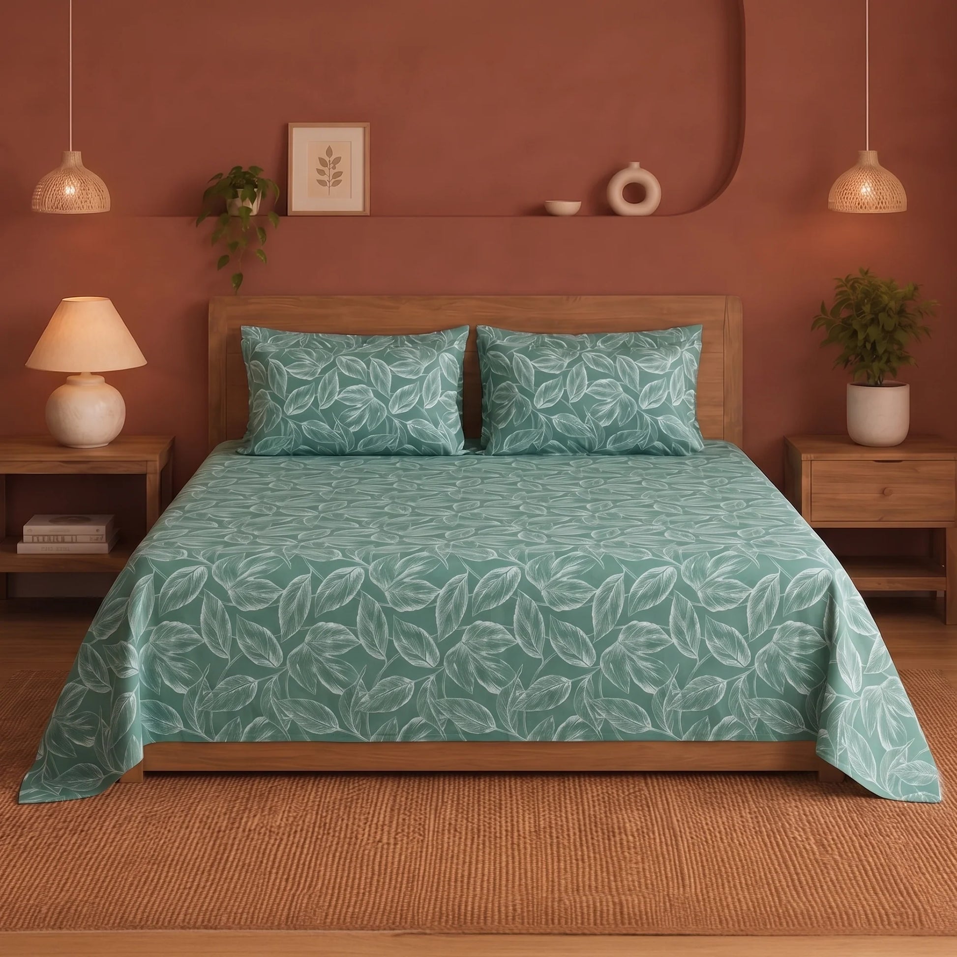 Imprimer Lilac - Leaf Printed Bedsheet (Aqua Blue)-1