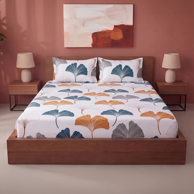 Imprimer Ginkyo - Floral Printed Fitted Bedsheet (Mustard & Grey)-1