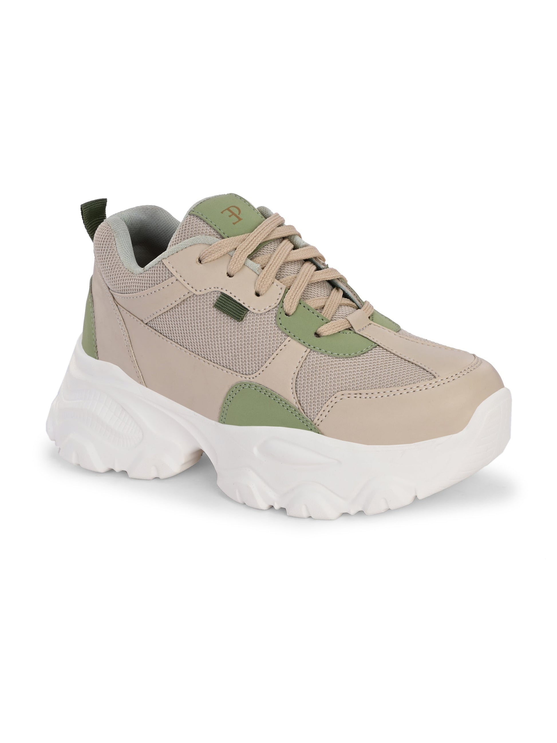EL PASO Women Beige Faux Leather Casual Lace Up Sneakers-1
