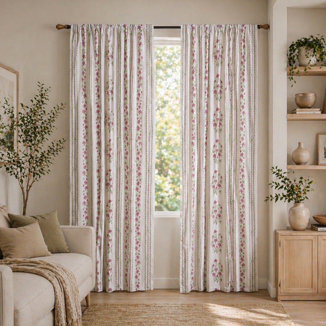 Pink Floral Petal Stripe Rod Pocket Printed duck Curtain