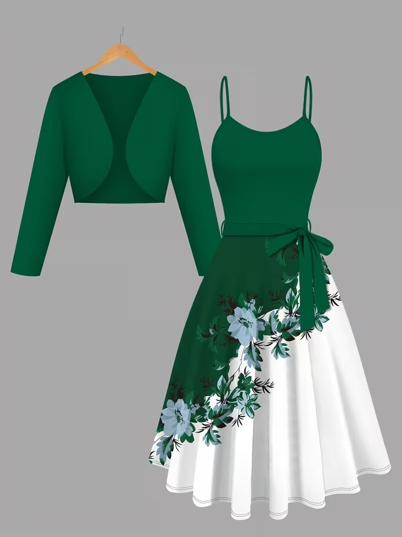 Amara Floral Midi Dress with Shrug | Green Cardigan Jacket with Floral Suspender Dress Set