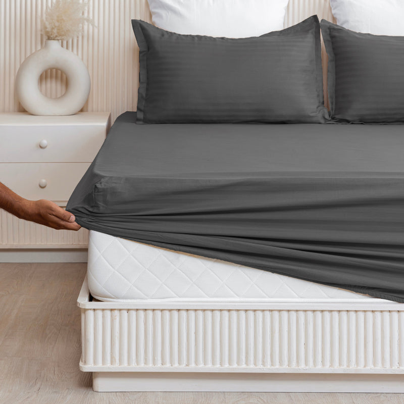 Breton Drift - Satin Stripes Fitted Bedsheet (Grey)-1