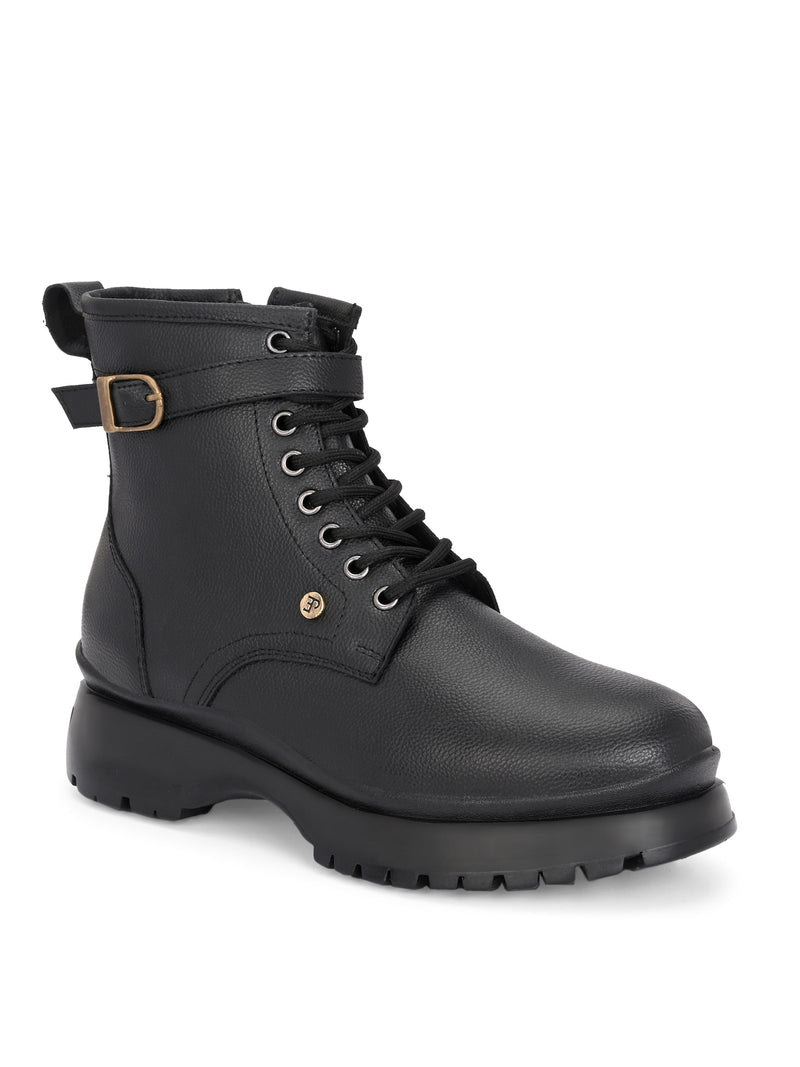 El Paso Women Black Faux Leather Casual Lace Up Boots-1