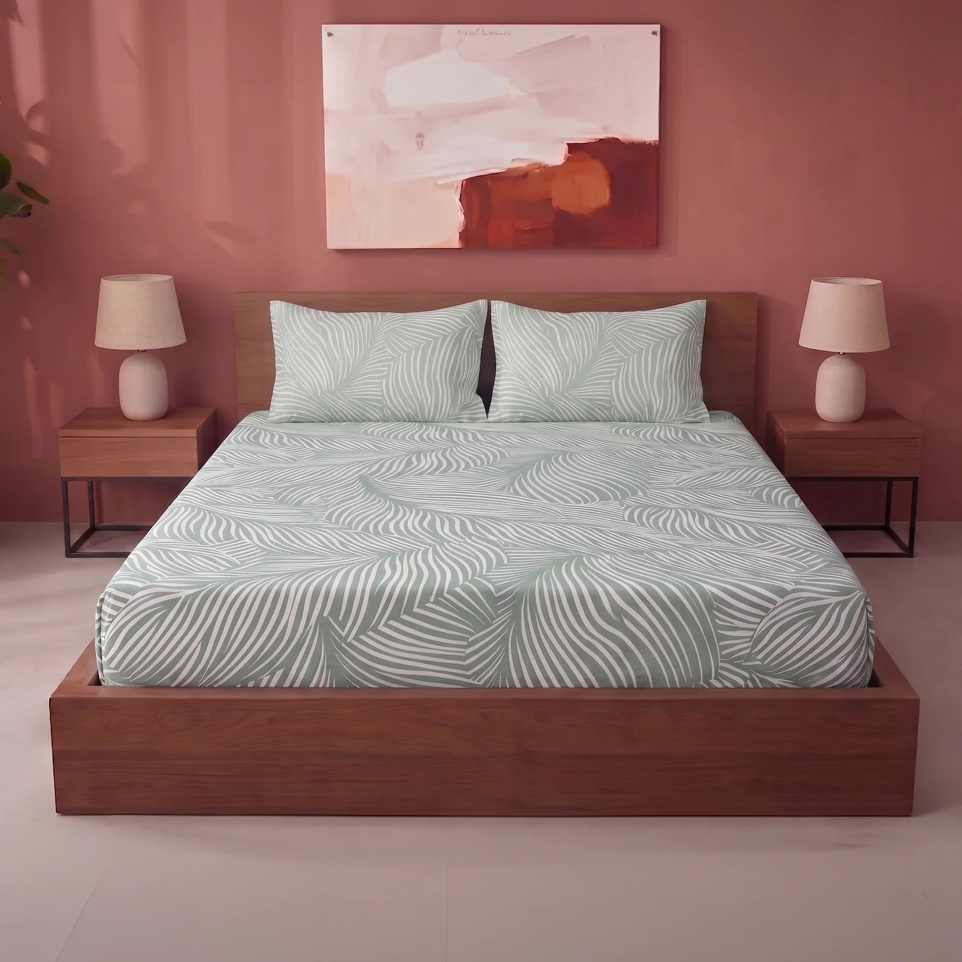 Mint Green Feather - Fitted Sheet (Mint Green & White)-1
