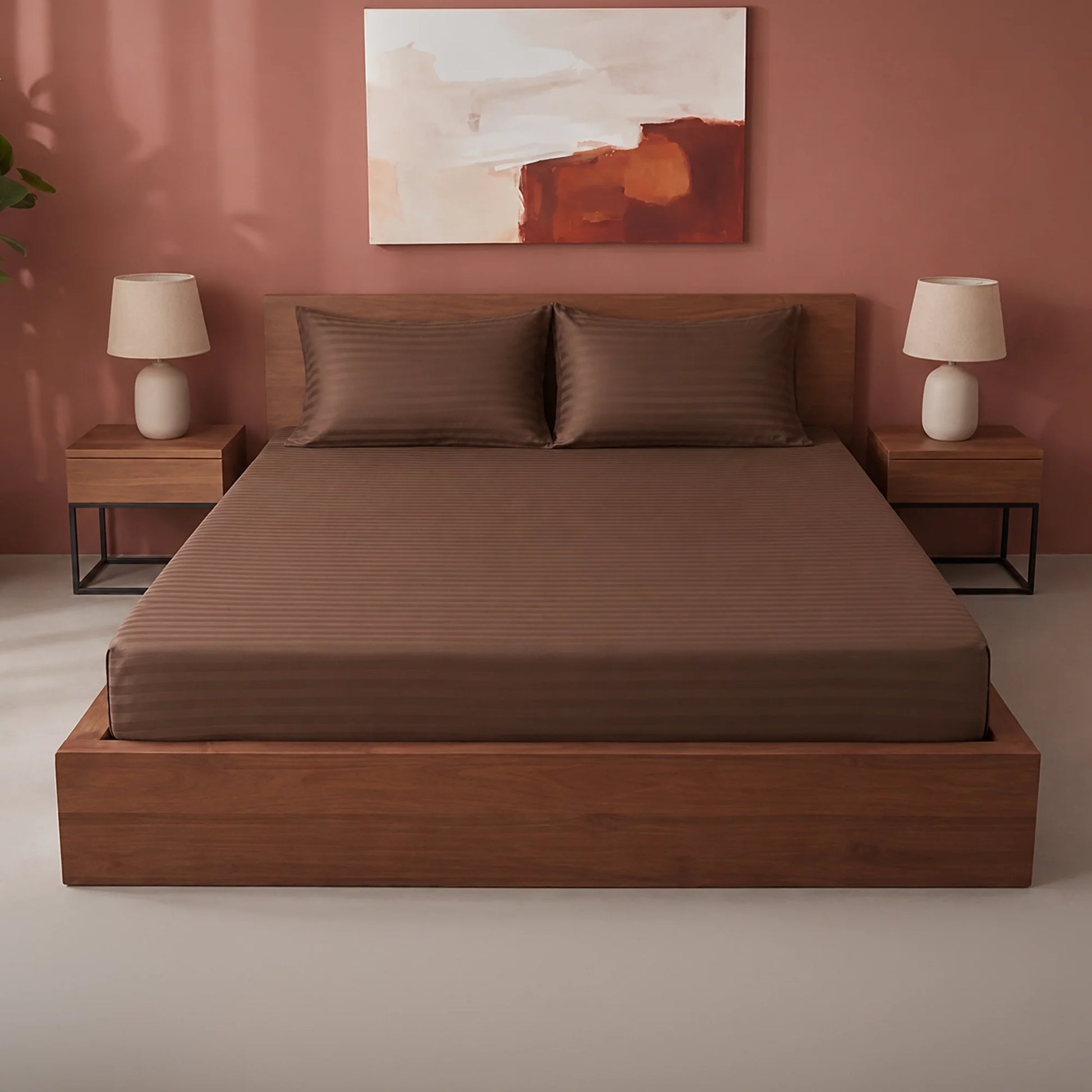 Breton Drift - Satin Stripes Fitted Bedsheet (Brown)-1