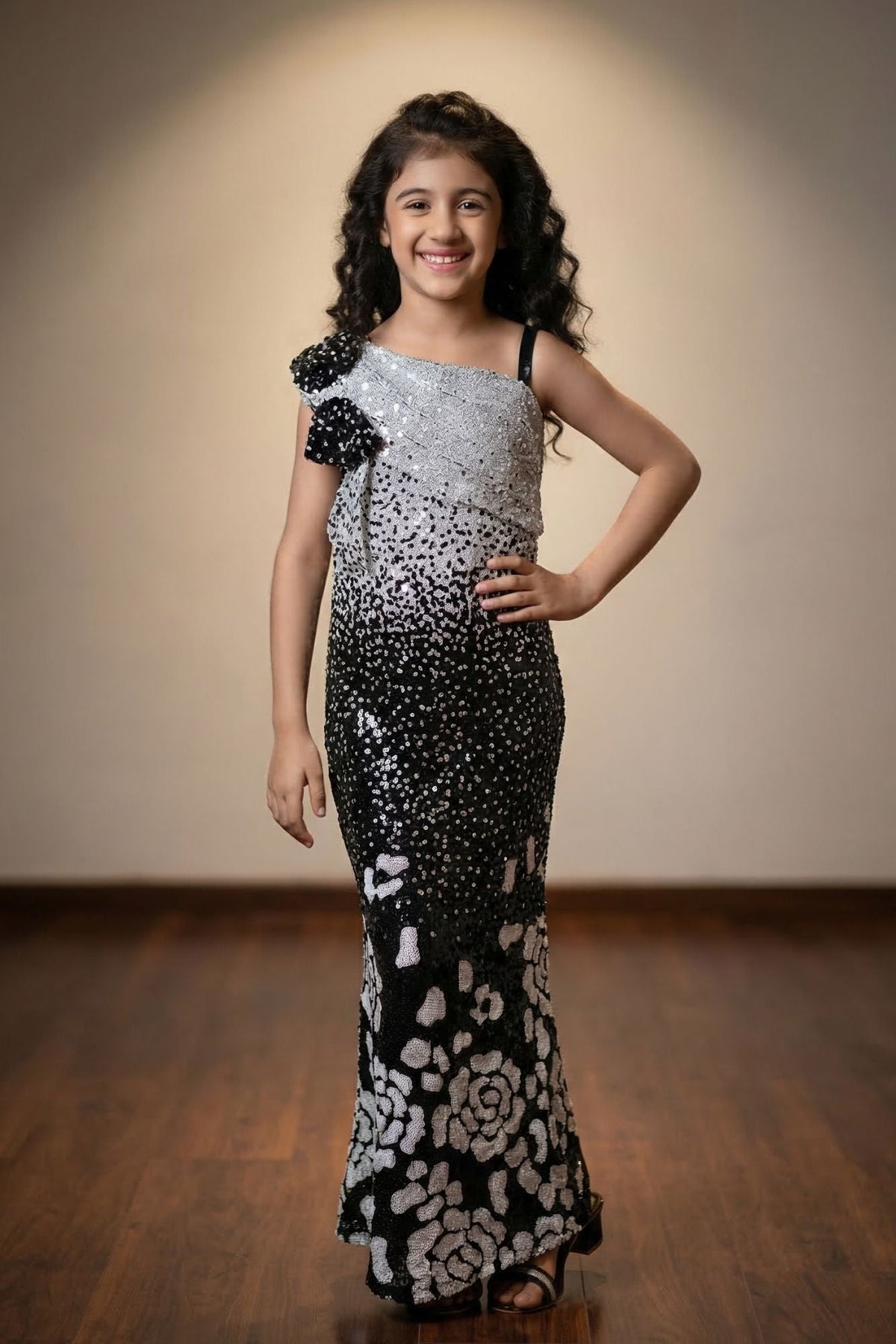 Black One-Shoulder Sequin Embellished Mermaid Gown For Girls
