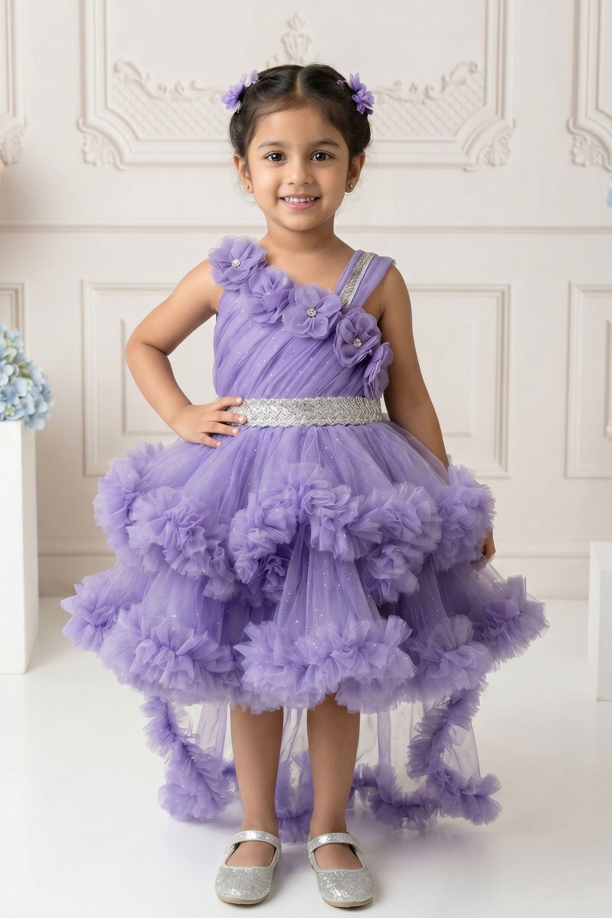 Lavender Floral Appliqué Layered High-Low Party Wear Frock For Girls