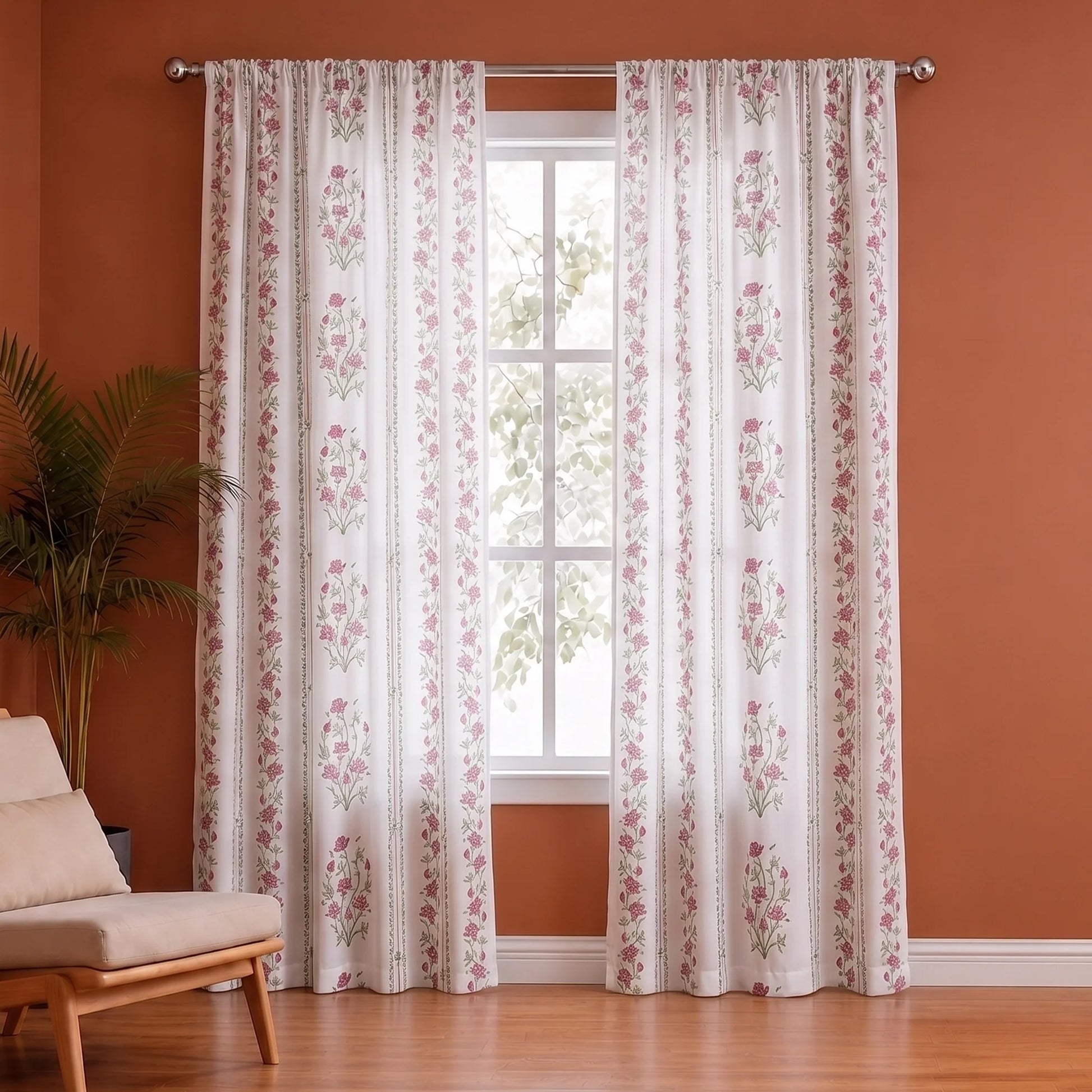 Pink Floral Petal Stripe Rod Pocket Printed duck Curtain-1