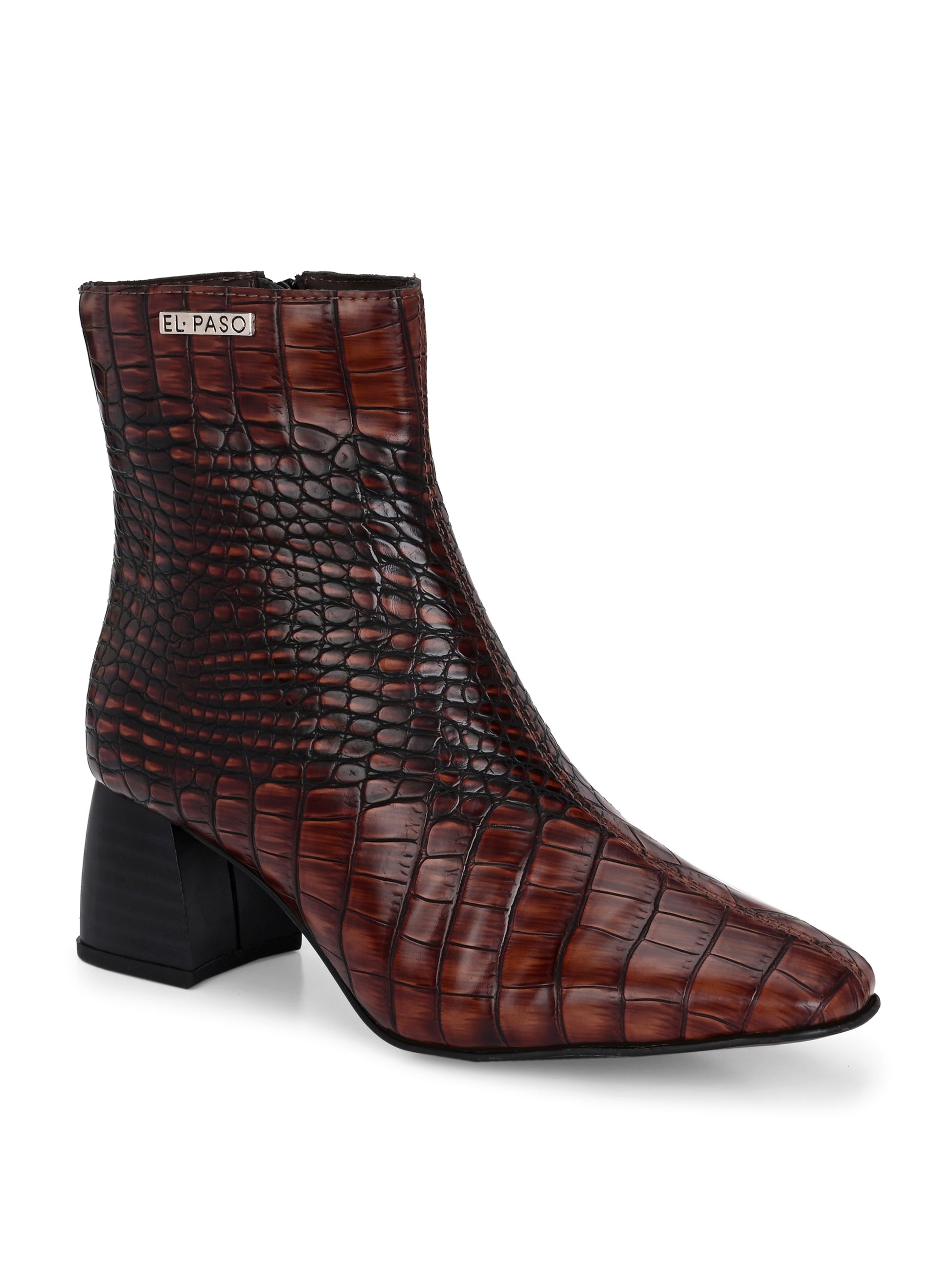 Brown crocodile-patterned high heel boot with a block heel and El Paso branding.